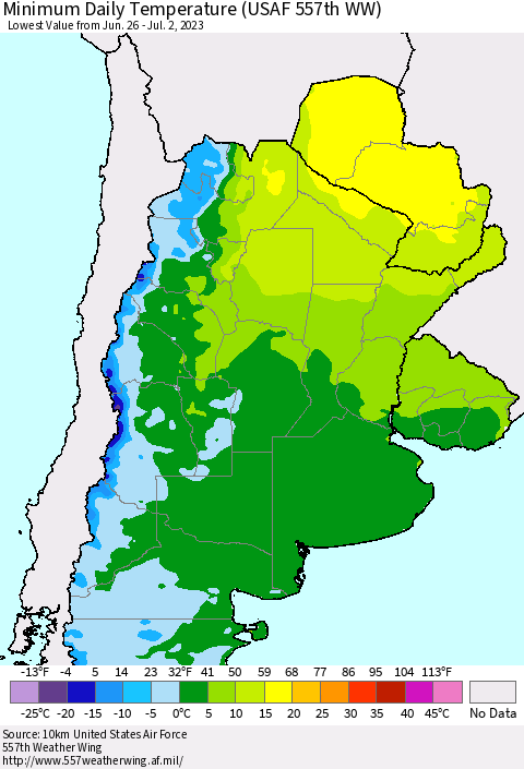 Southern South America Minimum Daily Temperature (USAF 557th WW) Thematic Map For 6/26/2023 - 7/2/2023