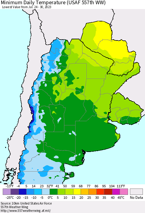Southern South America Minimum Daily Temperature (USAF 557th WW) Thematic Map For 7/24/2023 - 7/30/2023