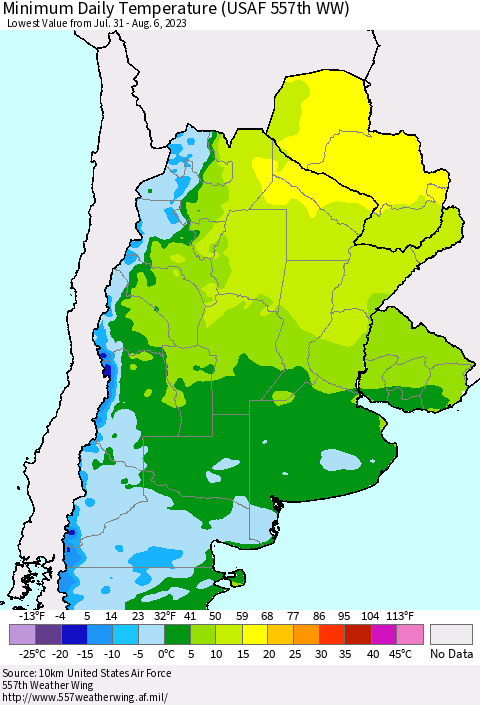 Southern South America Minimum Daily Temperature (USAF 557th WW) Thematic Map For 7/31/2023 - 8/6/2023