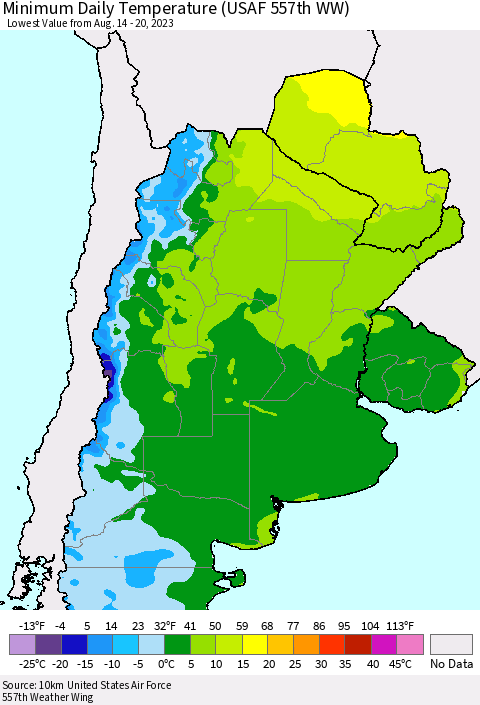 Southern South America Minimum Daily Temperature (USAF 557th WW) Thematic Map For 8/14/2023 - 8/20/2023