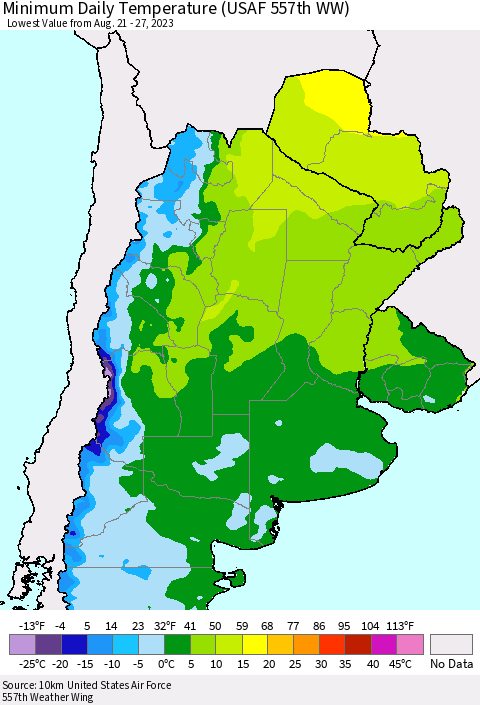 Southern South America Minimum Daily Temperature (USAF 557th WW) Thematic Map For 8/21/2023 - 8/27/2023