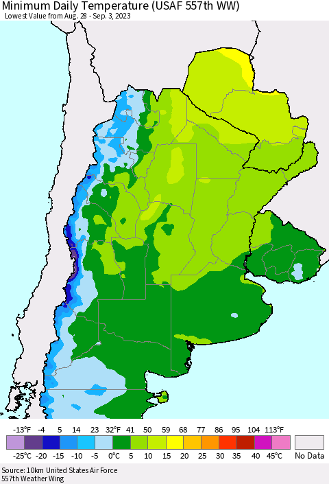 Southern South America Minimum Daily Temperature (USAF 557th WW) Thematic Map For 8/28/2023 - 9/3/2023
