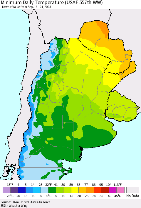 Southern South America Minimum Daily Temperature (USAF 557th WW) Thematic Map For 9/18/2023 - 9/24/2023