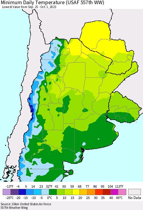 Southern South America Minimum Daily Temperature (USAF 557th WW) Thematic Map For 9/25/2023 - 10/1/2023