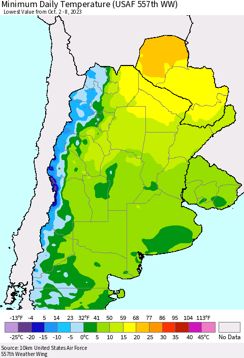 Southern South America Minimum Daily Temperature (USAF 557th WW) Thematic Map For 10/2/2023 - 10/8/2023