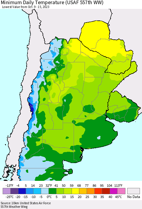 Southern South America Minimum Daily Temperature (USAF 557th WW) Thematic Map For 10/9/2023 - 10/15/2023