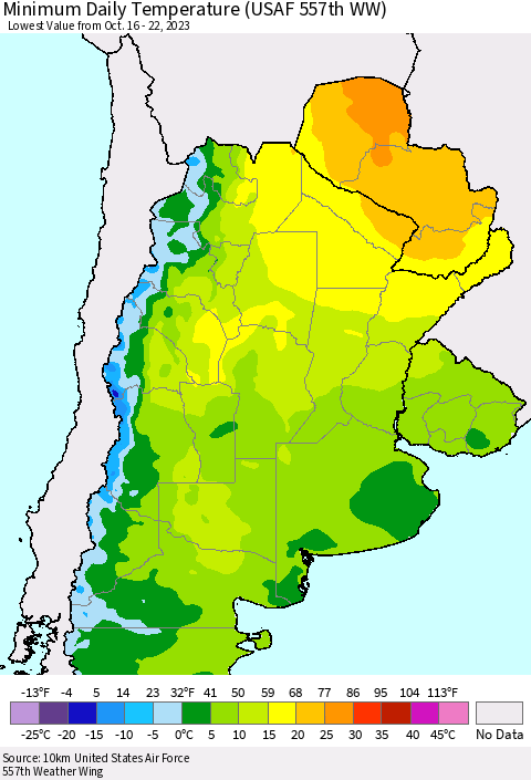 Southern South America Minimum Daily Temperature (USAF 557th WW) Thematic Map For 10/16/2023 - 10/22/2023