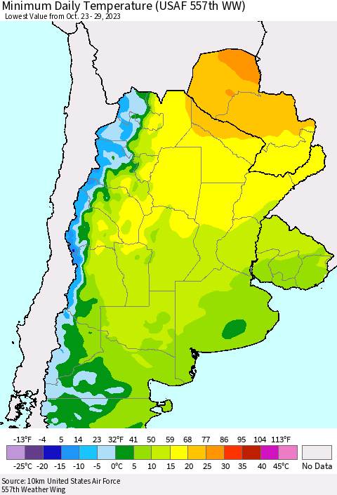 Southern South America Minimum Daily Temperature (USAF 557th WW) Thematic Map For 10/23/2023 - 10/29/2023