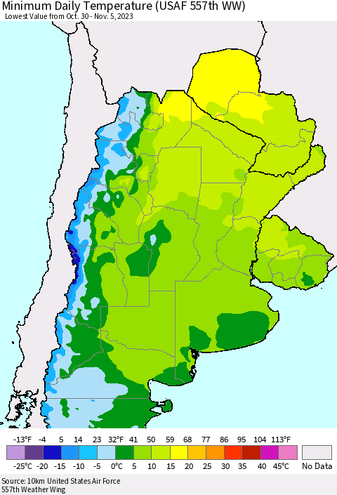 Southern South America Minimum Daily Temperature (USAF 557th WW) Thematic Map For 10/30/2023 - 11/5/2023