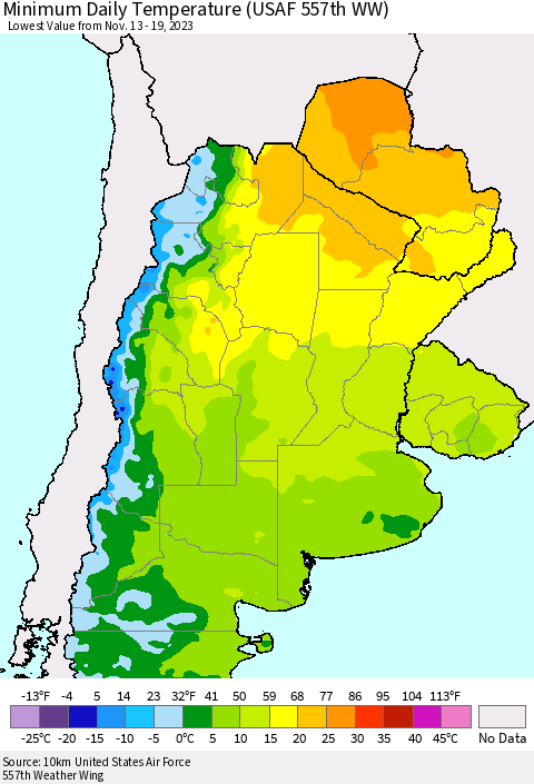Southern South America Minimum Daily Temperature (USAF 557th WW) Thematic Map For 11/13/2023 - 11/19/2023