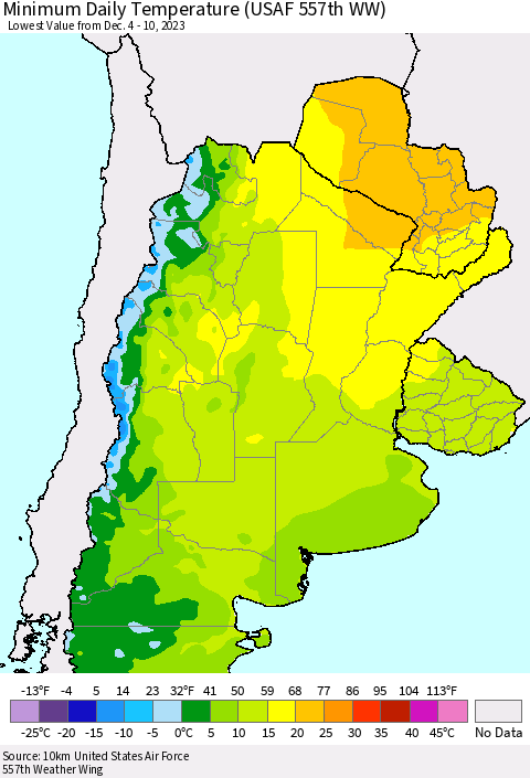 Southern South America Minimum Daily Temperature (USAF 557th WW) Thematic Map For 12/4/2023 - 12/10/2023