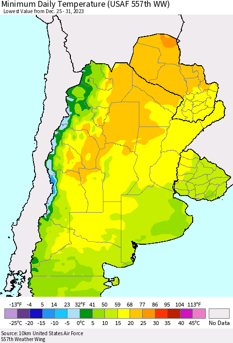 Southern South America Minimum Daily Temperature (USAF 557th WW) Thematic Map For 12/25/2023 - 12/31/2023
