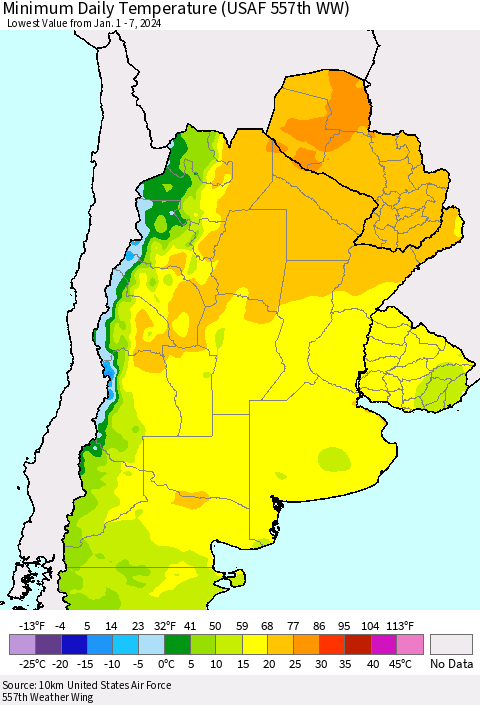 Southern South America Minimum Daily Temperature (USAF 557th WW) Thematic Map For 1/1/2024 - 1/7/2024