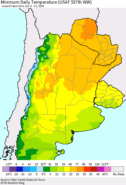 Southern South America Minimum Daily Temperature (USAF 557th WW) Thematic Map For 1/8/2024 - 1/14/2024