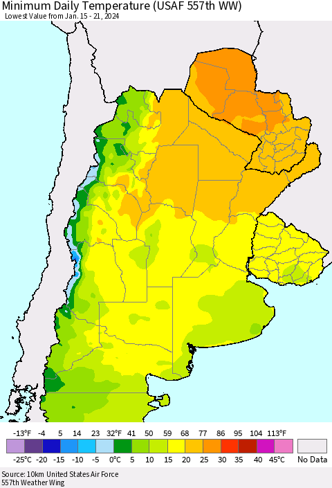 Southern South America Minimum Daily Temperature (USAF 557th WW) Thematic Map For 1/15/2024 - 1/21/2024