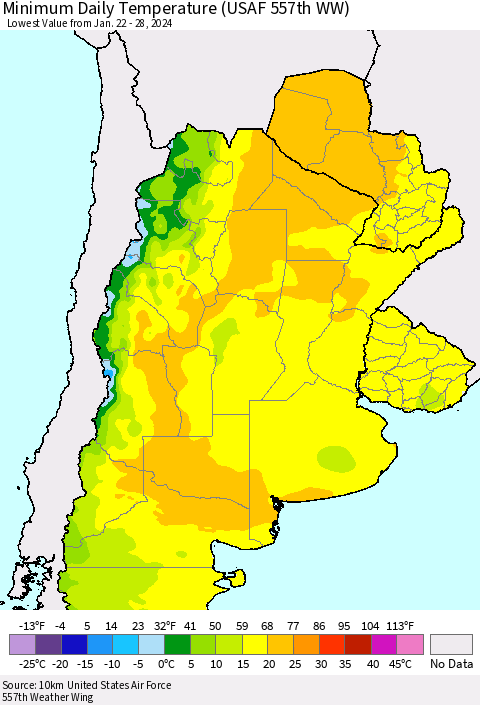 Southern South America Minimum Daily Temperature (USAF 557th WW) Thematic Map For 1/22/2024 - 1/28/2024