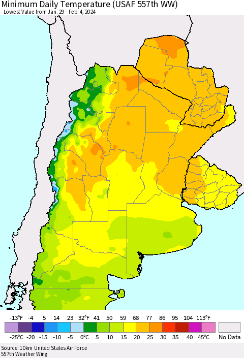 Southern South America Minimum Daily Temperature (USAF 557th WW) Thematic Map For 1/29/2024 - 2/4/2024