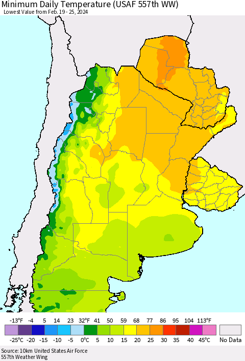 Southern South America Minimum Daily Temperature (USAF 557th WW) Thematic Map For 2/19/2024 - 2/25/2024