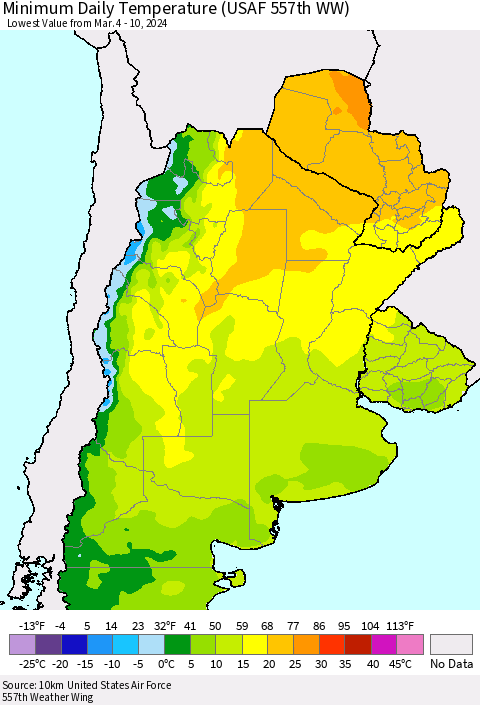 Southern South America Minimum Daily Temperature (USAF 557th WW) Thematic Map For 3/4/2024 - 3/10/2024