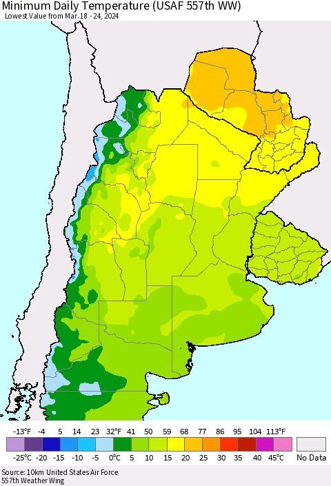 Southern South America Minimum Daily Temperature (USAF 557th WW) Thematic Map For 3/18/2024 - 3/24/2024