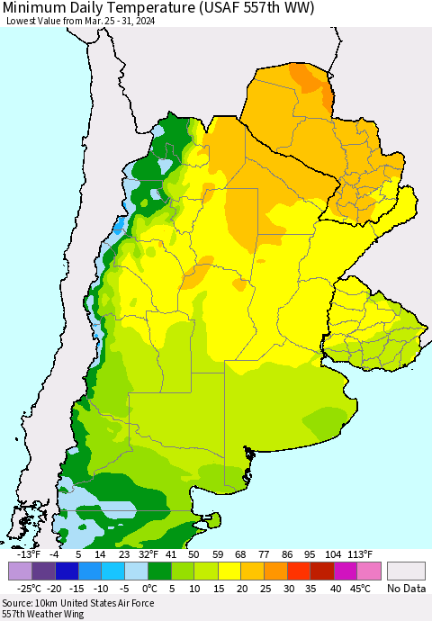 Southern South America Minimum Daily Temperature (USAF 557th WW) Thematic Map For 3/25/2024 - 3/31/2024