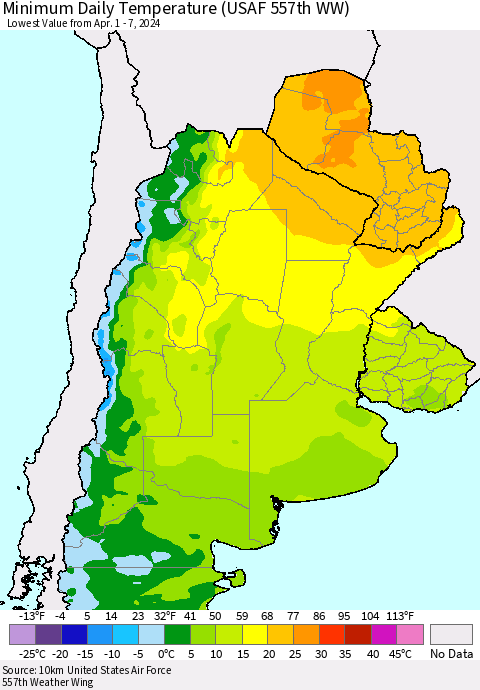 Southern South America Minimum Daily Temperature (USAF 557th WW) Thematic Map For 4/1/2024 - 4/7/2024