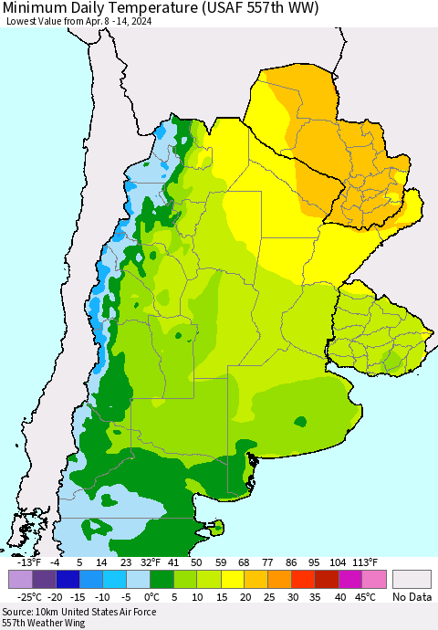 Southern South America Minimum Daily Temperature (USAF 557th WW) Thematic Map For 4/8/2024 - 4/14/2024