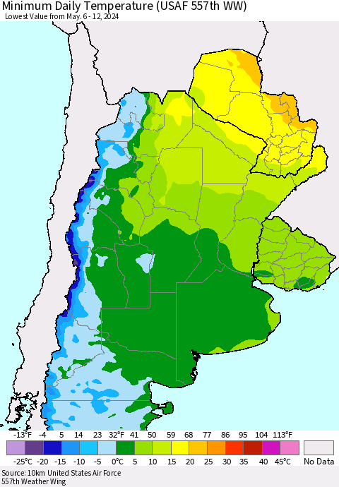 Southern South America Minimum Daily Temperature (USAF 557th WW) Thematic Map For 5/6/2024 - 5/12/2024