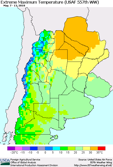 Southern South America Maximum Daily Temperature (USAF 557th WW) Thematic Map For 5/7/2018 - 5/13/2018