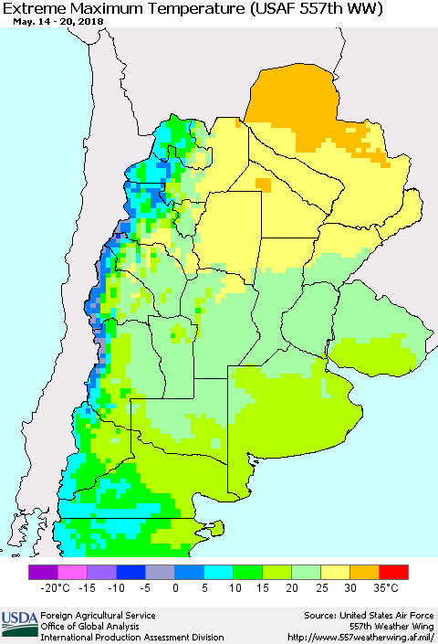 Southern South America Maximum Daily Temperature (USAF 557th WW) Thematic Map For 5/14/2018 - 5/20/2018
