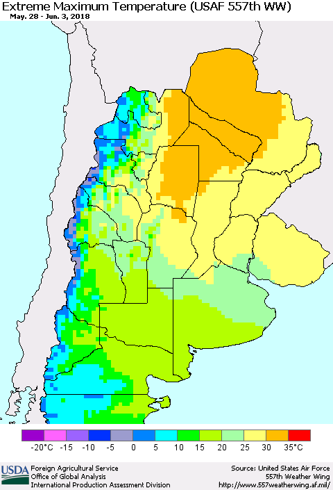 Southern South America Maximum Daily Temperature (USAF 557th WW) Thematic Map For 5/28/2018 - 6/3/2018