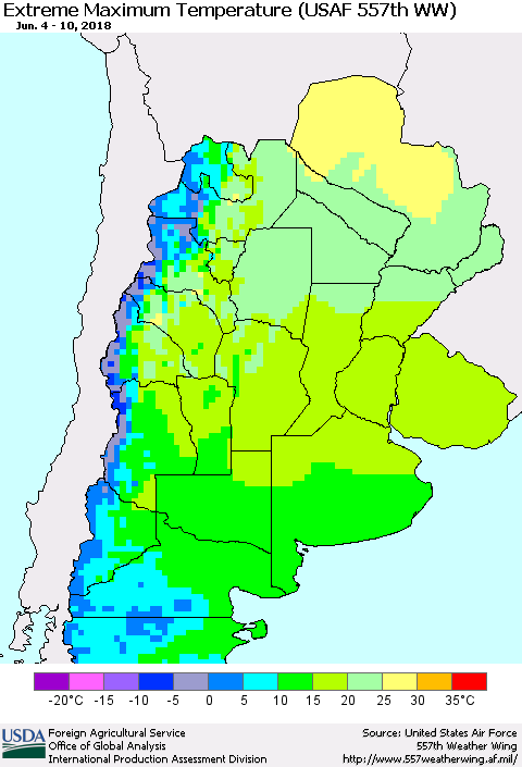 Southern South America Maximum Daily Temperature (USAF 557th WW) Thematic Map For 6/4/2018 - 6/10/2018