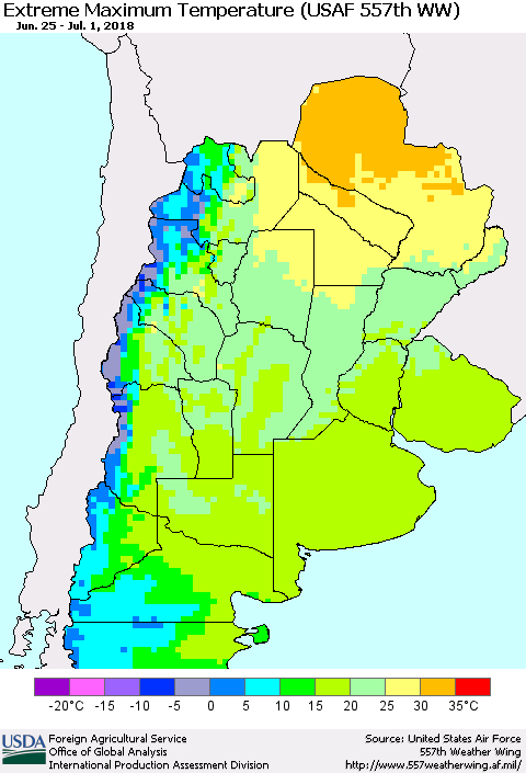 Southern South America Maximum Daily Temperature (USAF 557th WW) Thematic Map For 6/25/2018 - 7/1/2018