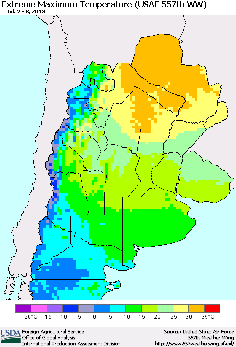 Southern South America Maximum Daily Temperature (USAF 557th WW) Thematic Map For 7/2/2018 - 7/8/2018