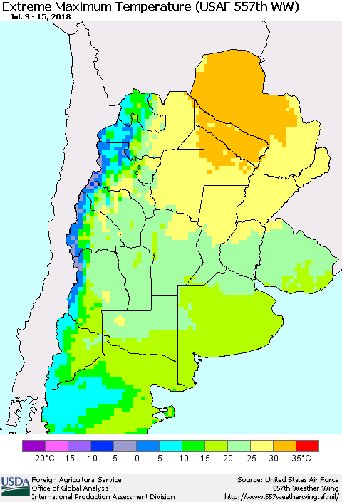 Southern South America Maximum Daily Temperature (USAF 557th WW) Thematic Map For 7/9/2018 - 7/15/2018