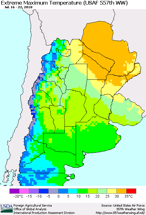 Southern South America Maximum Daily Temperature (USAF 557th WW) Thematic Map For 7/16/2018 - 7/22/2018