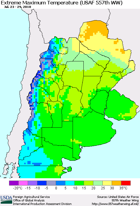 Southern South America Maximum Daily Temperature (USAF 557th WW) Thematic Map For 7/23/2018 - 7/29/2018