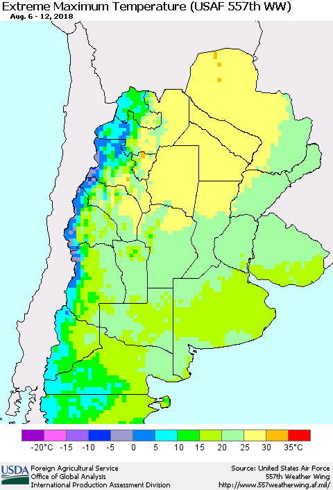 Southern South America Maximum Daily Temperature (USAF 557th WW) Thematic Map For 8/6/2018 - 8/12/2018