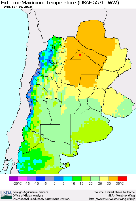 Southern South America Maximum Daily Temperature (USAF 557th WW) Thematic Map For 8/13/2018 - 8/19/2018