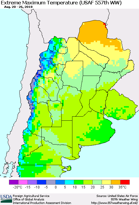 Southern South America Maximum Daily Temperature (USAF 557th WW) Thematic Map For 8/20/2018 - 8/26/2018