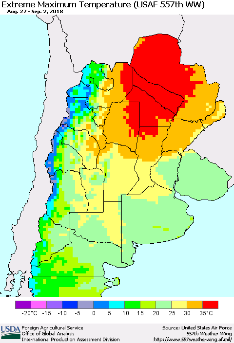 Southern South America Maximum Daily Temperature (USAF 557th WW) Thematic Map For 8/27/2018 - 9/2/2018