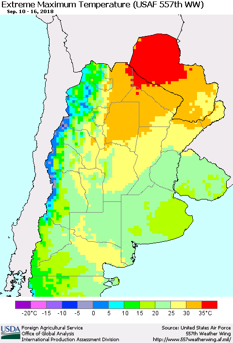 Southern South America Maximum Daily Temperature (USAF 557th WW) Thematic Map For 9/10/2018 - 9/16/2018
