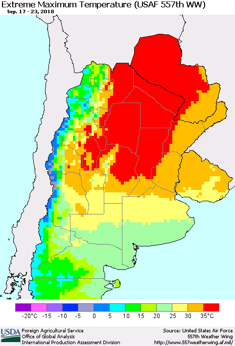Southern South America Maximum Daily Temperature (USAF 557th WW) Thematic Map For 9/17/2018 - 9/23/2018