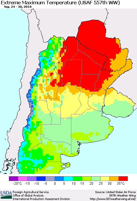 Southern South America Maximum Daily Temperature (USAF 557th WW) Thematic Map For 9/24/2018 - 9/30/2018