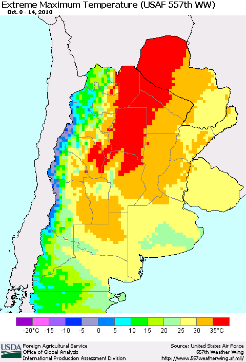 Southern South America Maximum Daily Temperature (USAF 557th WW) Thematic Map For 10/8/2018 - 10/14/2018
