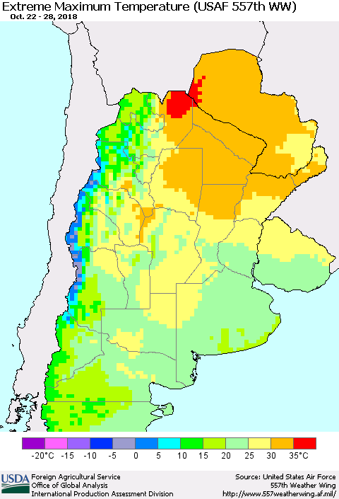 Southern South America Maximum Daily Temperature (USAF 557th WW) Thematic Map For 10/22/2018 - 10/28/2018