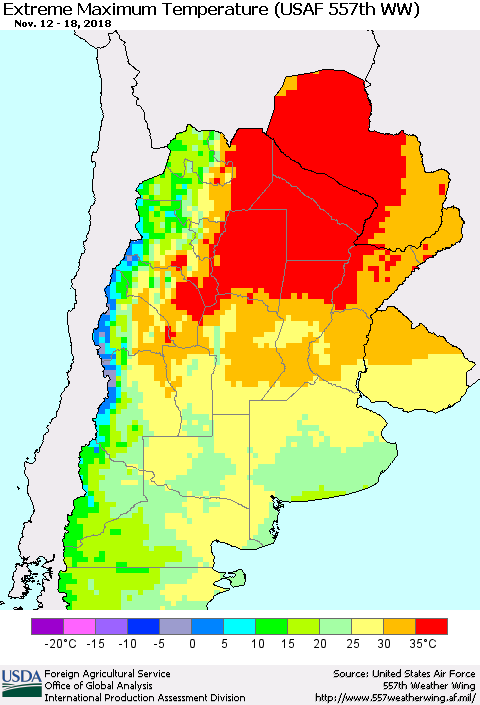 Southern South America Maximum Daily Temperature (USAF 557th WW) Thematic Map For 11/12/2018 - 11/18/2018