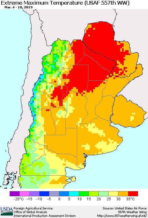 Southern South America Maximum Daily Temperature (USAF 557th WW) Thematic Map For 3/4/2019 - 3/10/2019