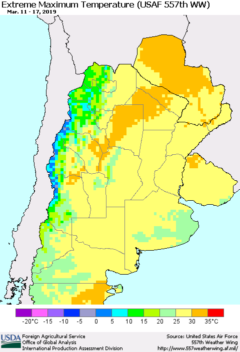 Southern South America Maximum Daily Temperature (USAF 557th WW) Thematic Map For 3/11/2019 - 3/17/2019