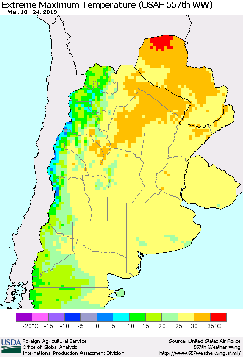 Southern South America Maximum Daily Temperature (USAF 557th WW) Thematic Map For 3/18/2019 - 3/24/2019